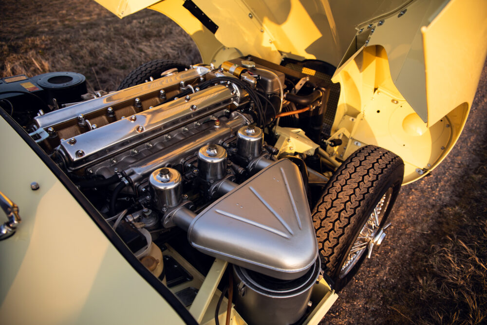 Vintage car engine and open hood detail