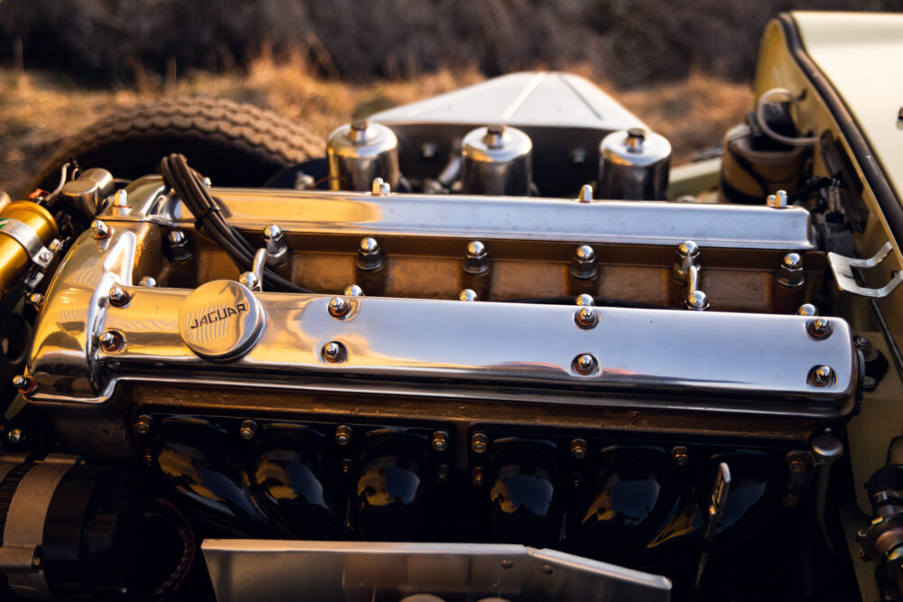 Polished Jaguar car engine close-up