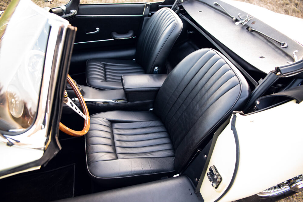 Vintage car interior with black leather seats and dashboard