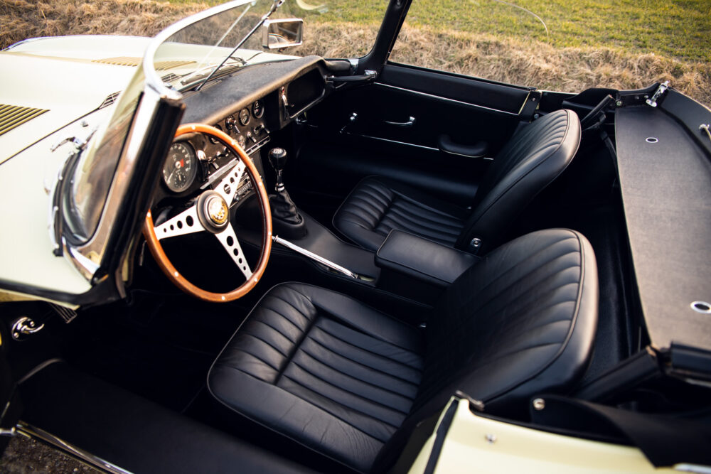 Vintage convertible car interior, leather seats, classic dashboard