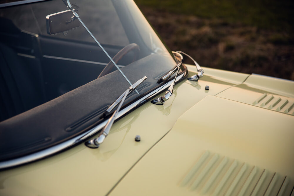 Close-up of vintage car hood and windshield
