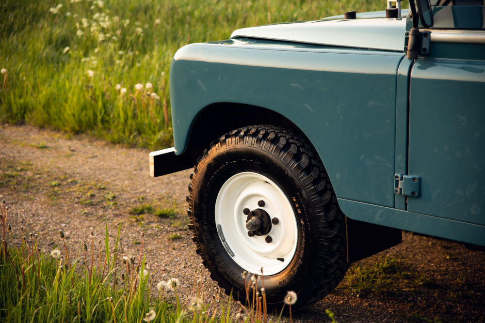 Vintage blue truck partial side view in grassy field