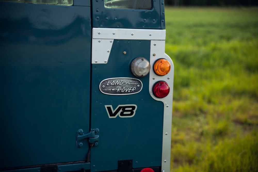 Close-up of Land Rover V8 tailgate with logo