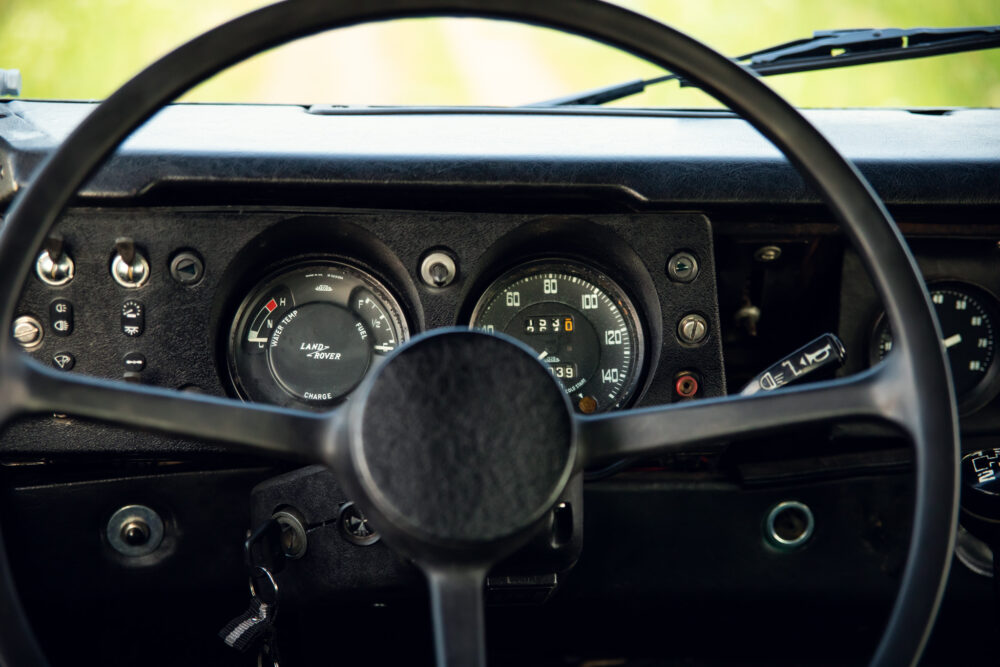 Vintage Land Rover dashboard with steering and gauges