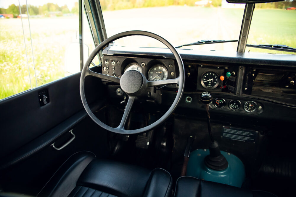 Vintage truck dashboard and steering wheel interior view
