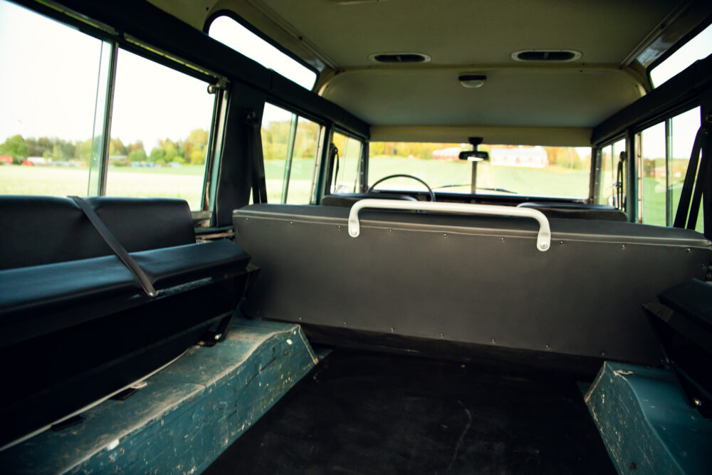 Interior view of an empty vintage bus