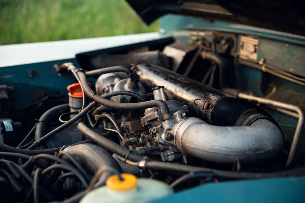 Detailed view of an old car engine compartment