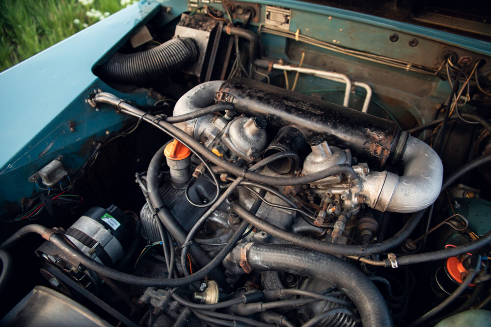 Detailed view of an old car engine compartment