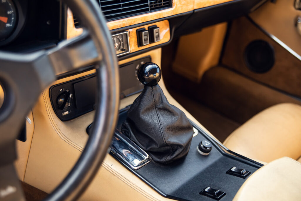 Vintage car interior with manual gear shift