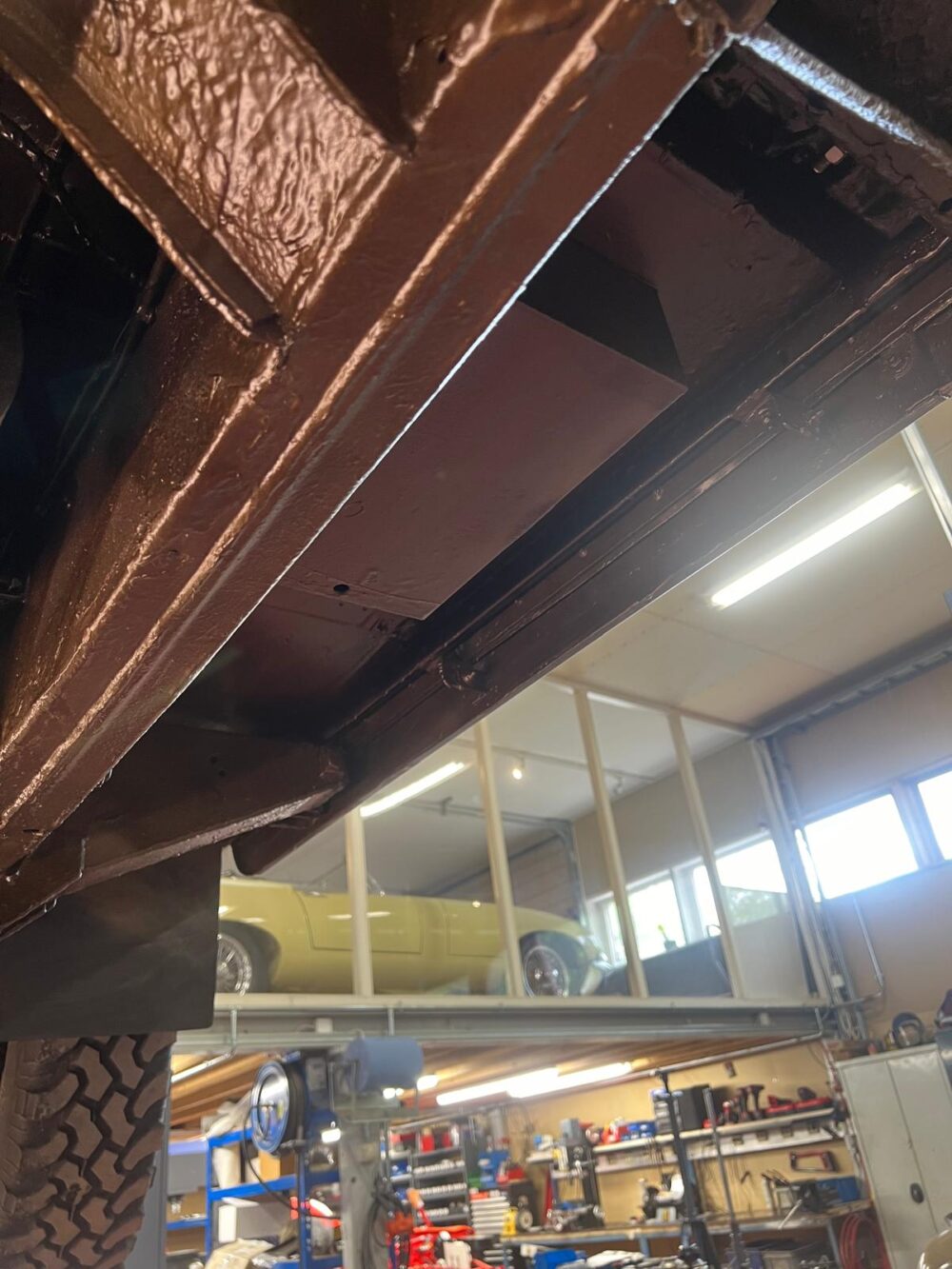 Undercarriage of a vehicle in auto repair shop