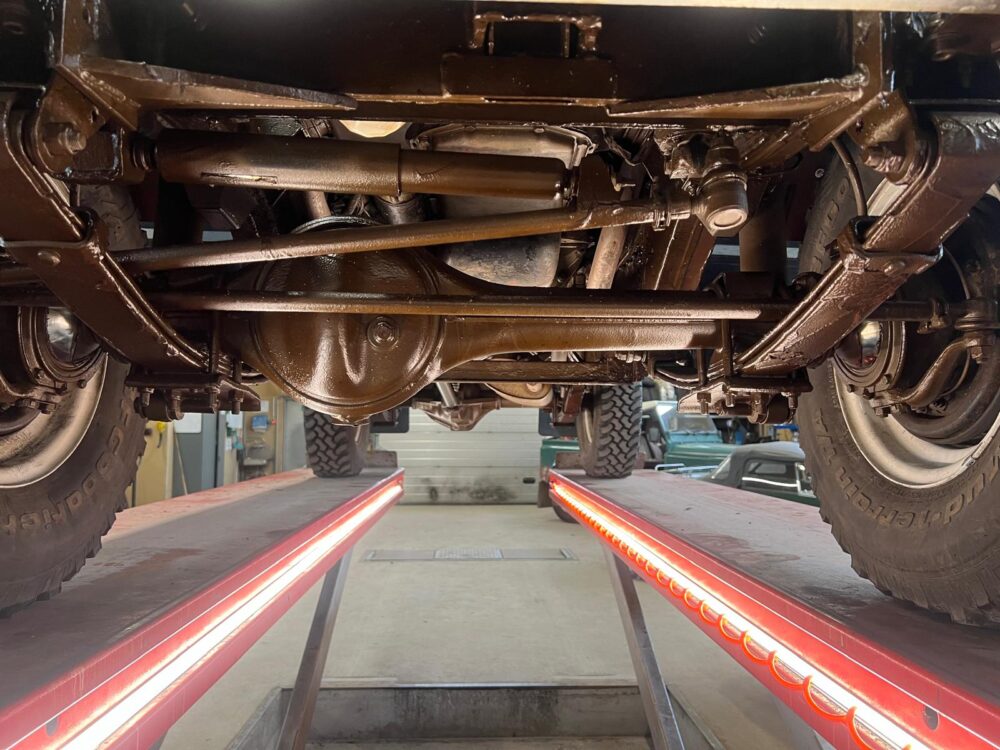 Undercarriage of a truck on a mechanic's lift