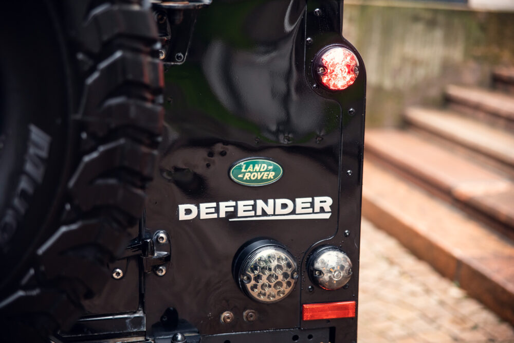 Rear view of a Land Rover Defender vehicle