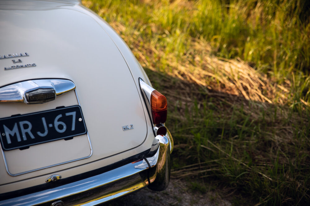 Vintage Jaguar MK2 car rear close-up with license plate