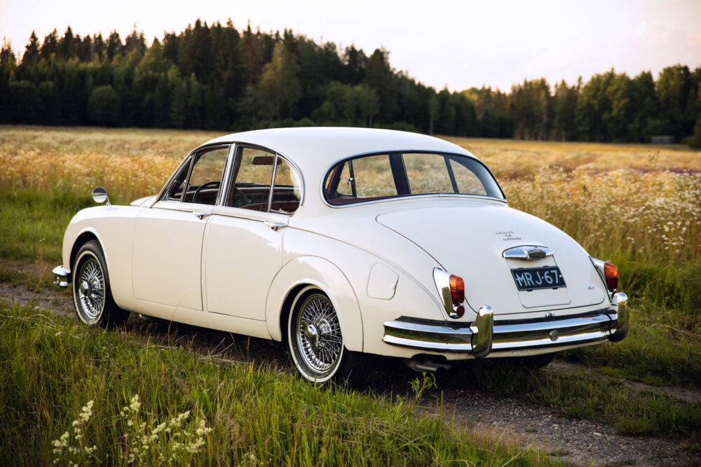 Classic white car parked in a scenic wildflower field
