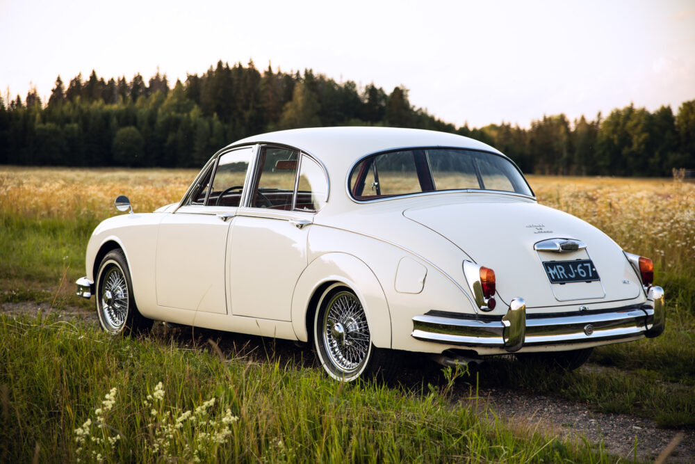 Vintage white car parked in a scenic meadow