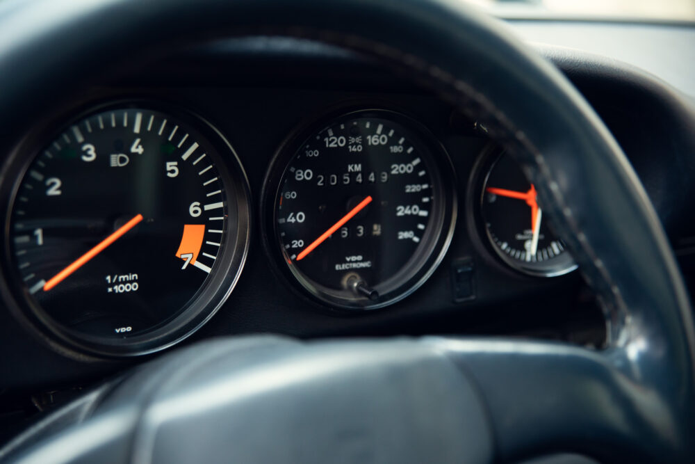 Close-up view of car dashboard gauges