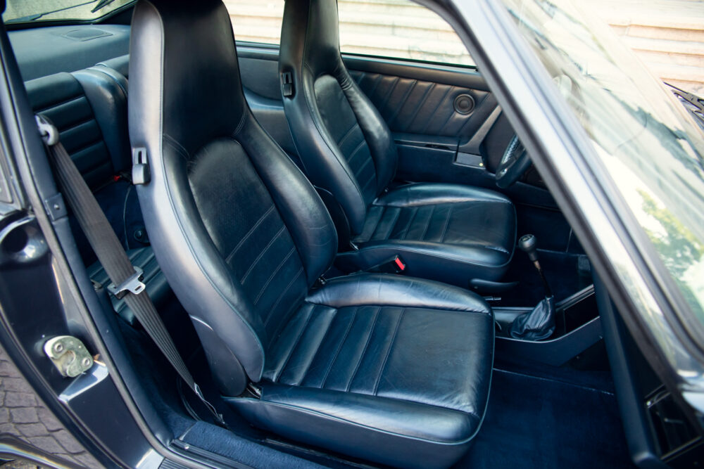Interior view of classic car with leather seats