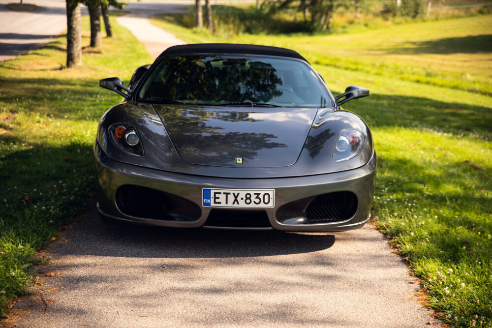 Gray sports car parked on a tree-lined road