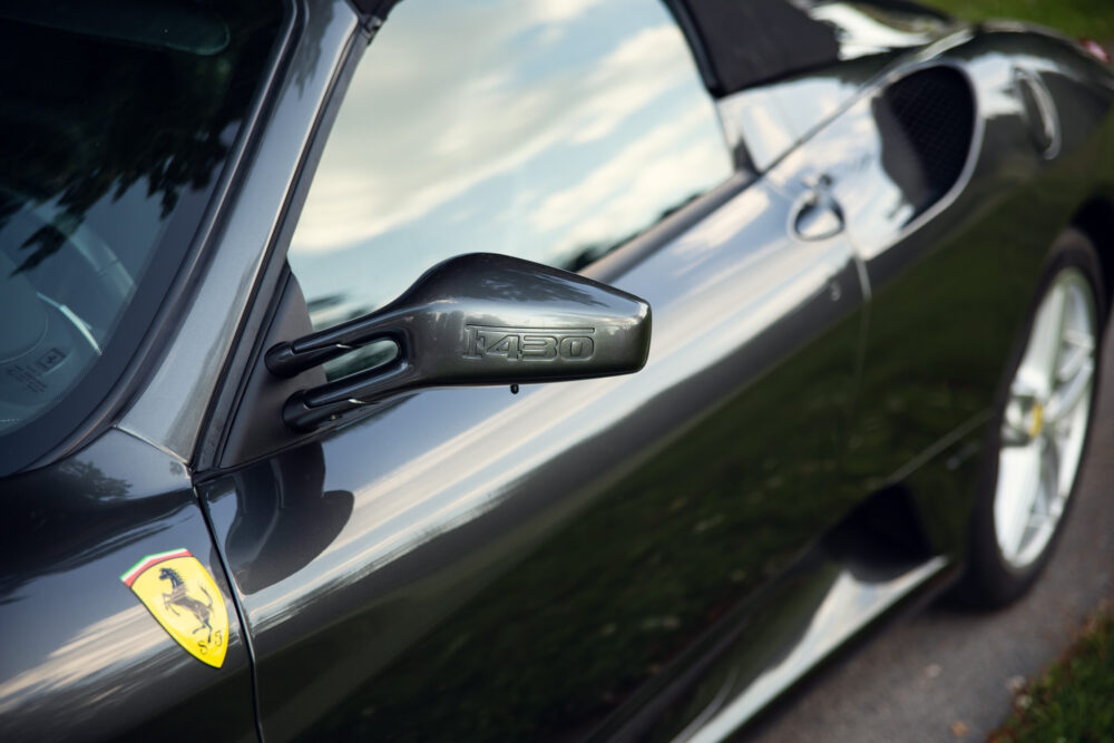 Ferrari F430 side mirror and emblem close-up