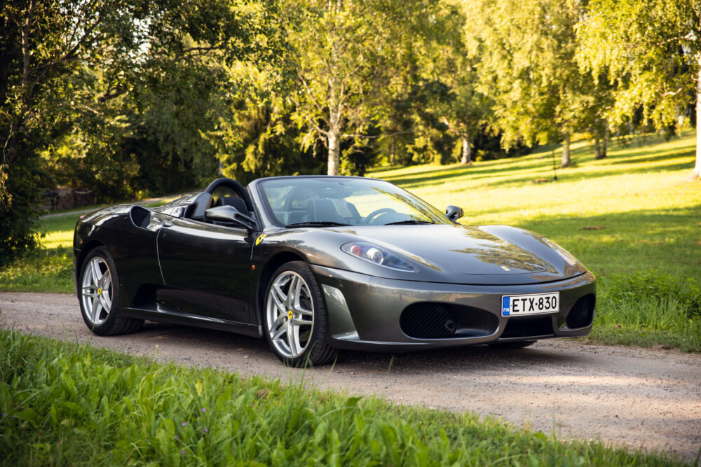 Black convertible sports car in lush green park