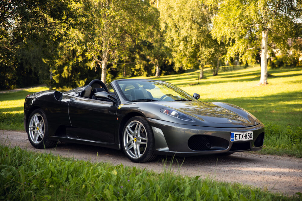 Black convertible sports car in lush green park