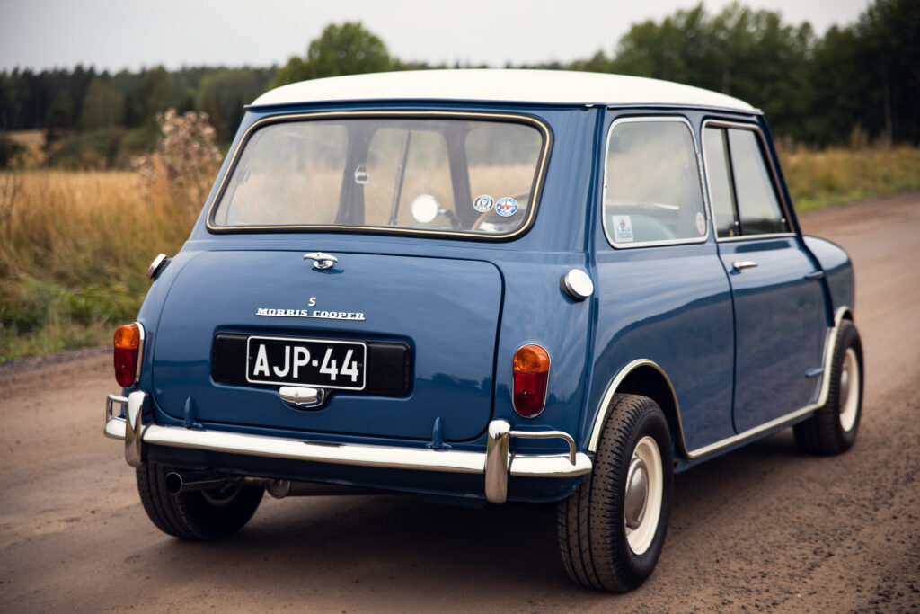 Vintage blue Morris Cooper S on rural road