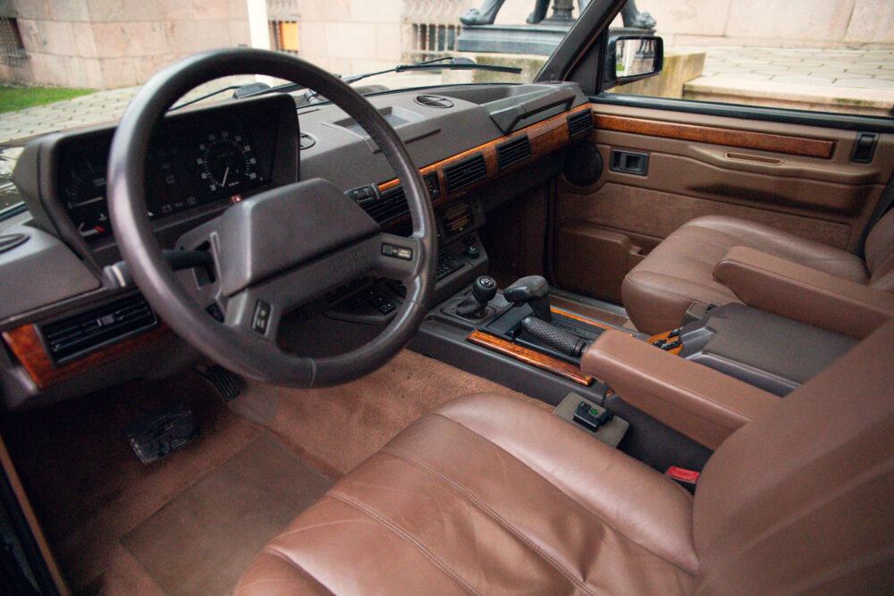 Interior view of a vintage car with leather seats
