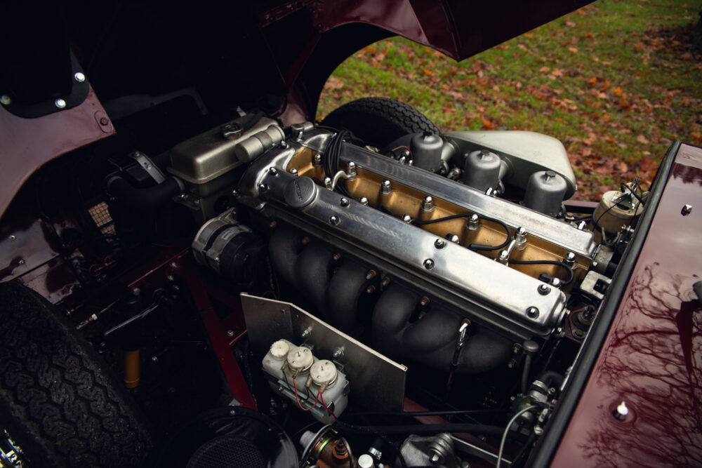 Vintage car engine compartment open view