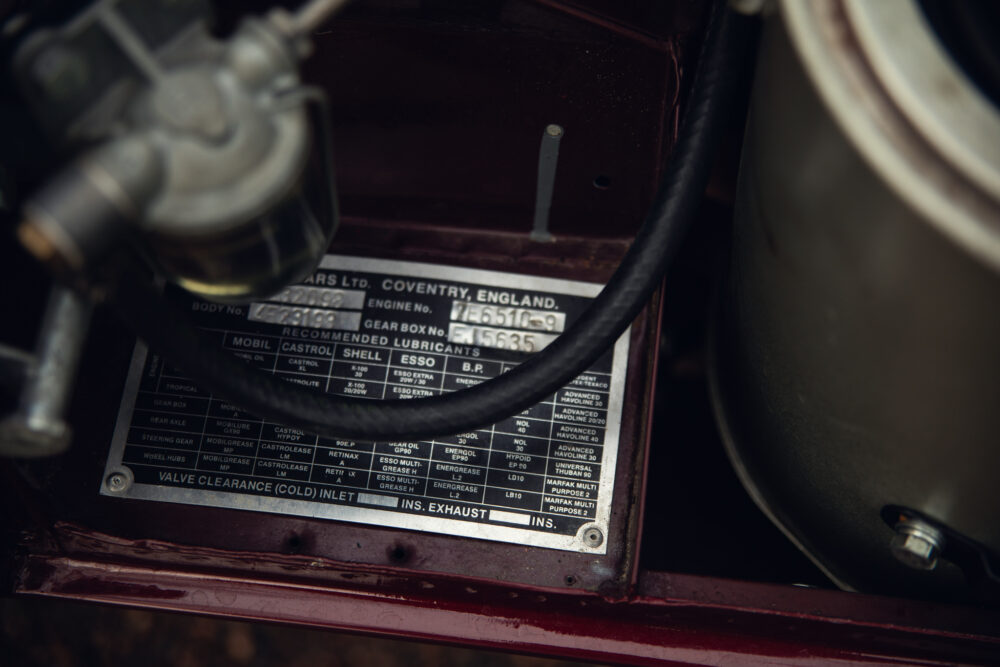 Vintage car engine plate detailing lubricants