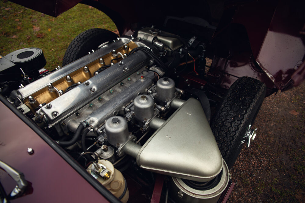 Vintage car engine detailed view with metallic parts