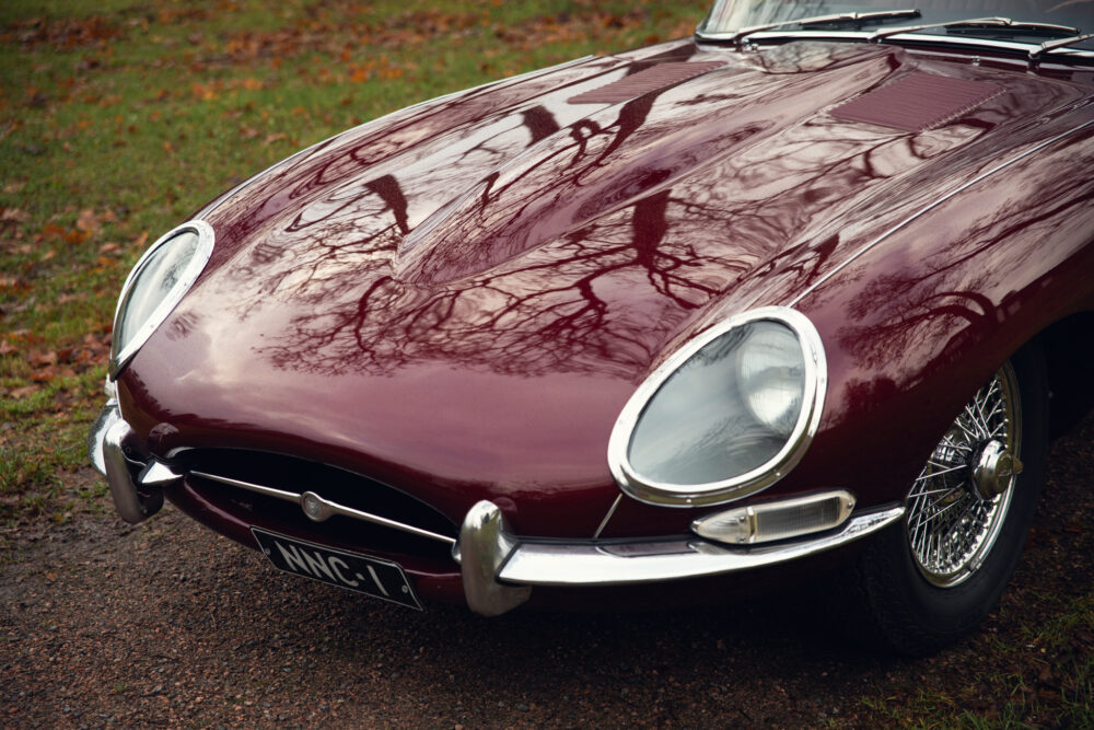 Vintage red Jaguar E-Type car on leafy background