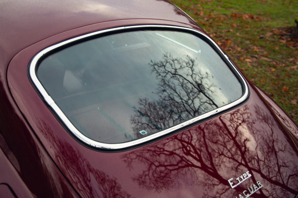 Jaguar E-Type's rear window reflecting bare trees