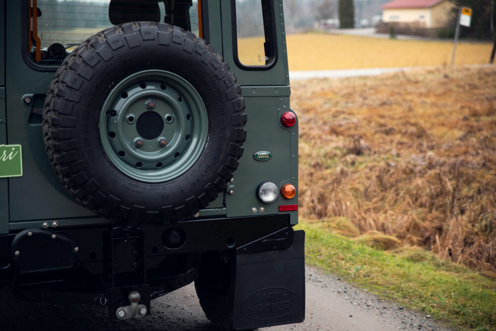 Rear view of Land Rover with spare tire mounted