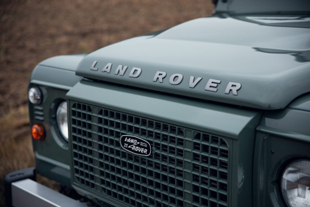 Close-up of a Land Rover front grille and logo
