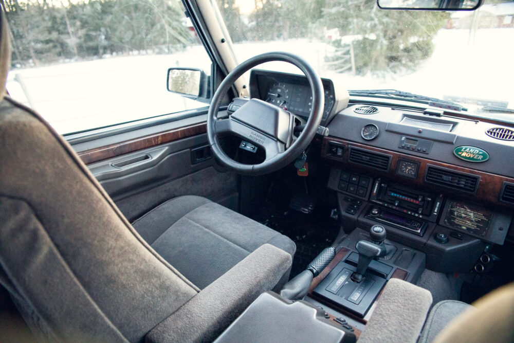 Vintage Land Rover interior during winter