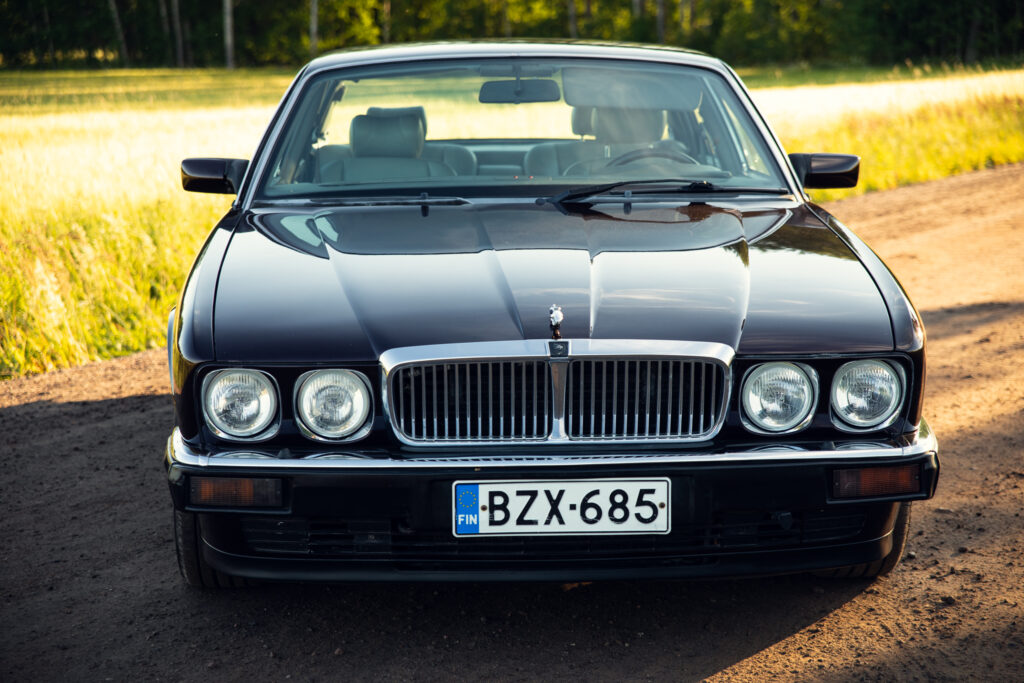 Front view of classic black Jaguar sedan