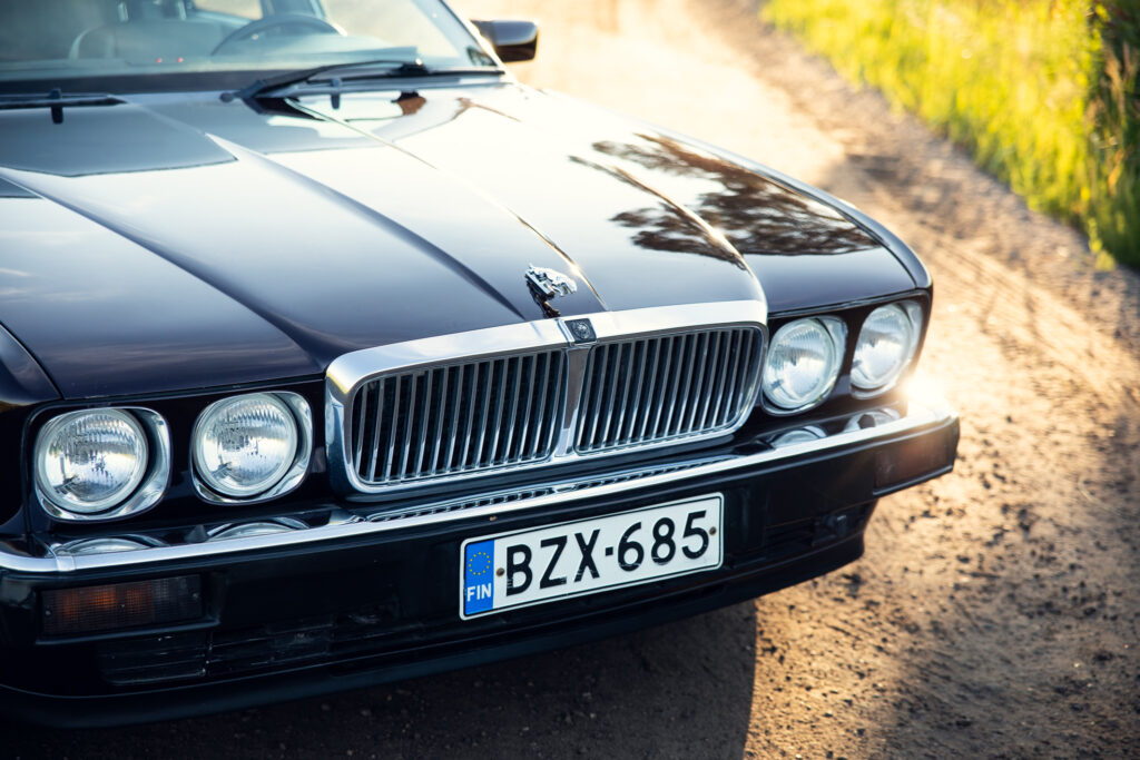 Front view of classic black Jaguar sedan