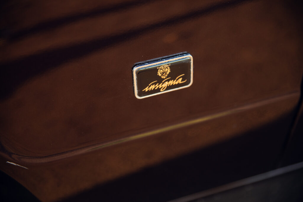 Close-up of Jaguar Insignia badge on wood panel