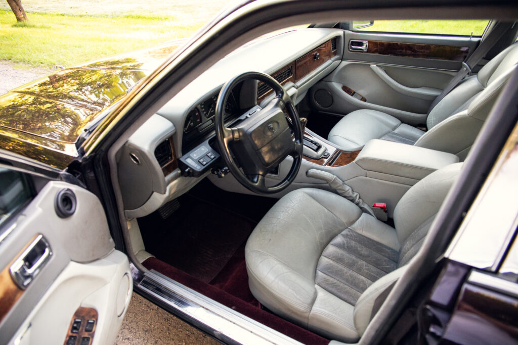 Vintage luxury car interior with leather seats