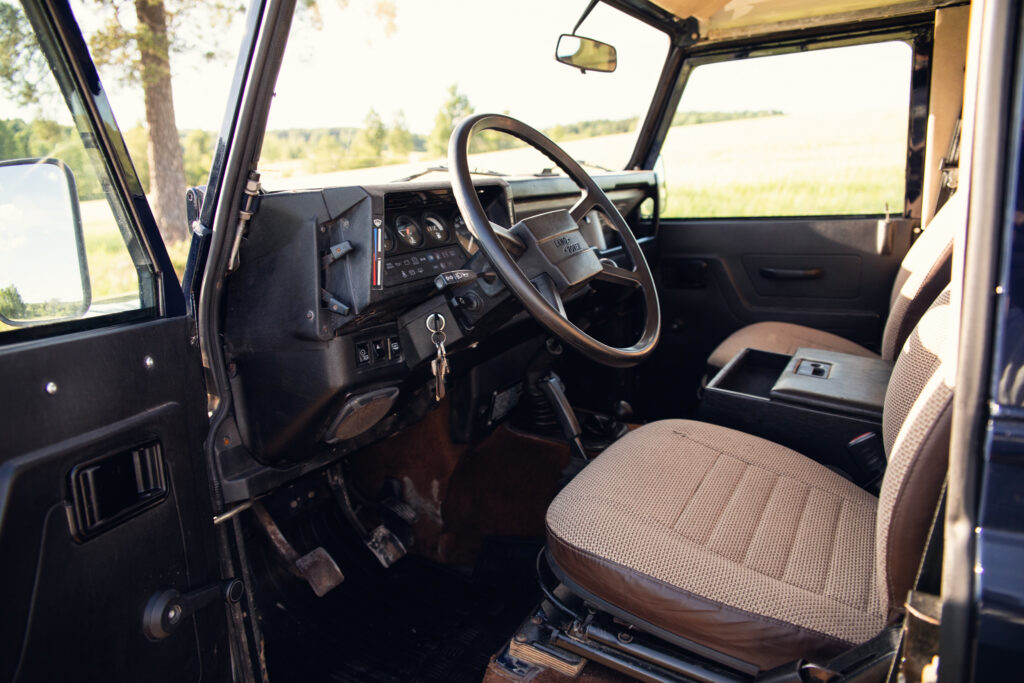 Interior of vintage Land Rover driver’s seat
