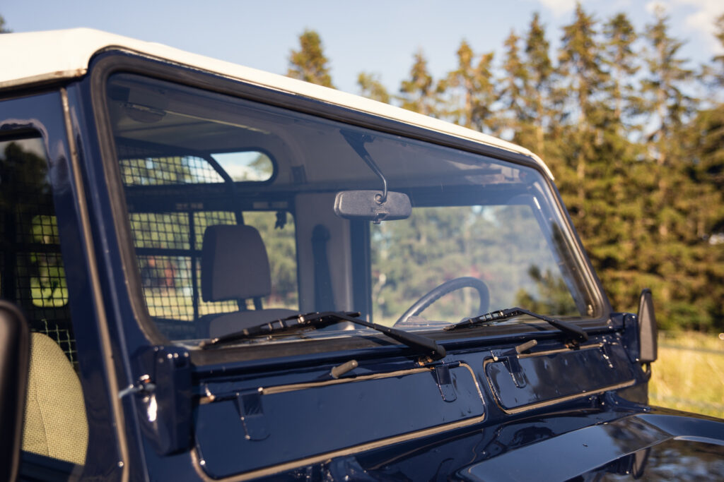 Front view of vintage off-road vehicle windshield