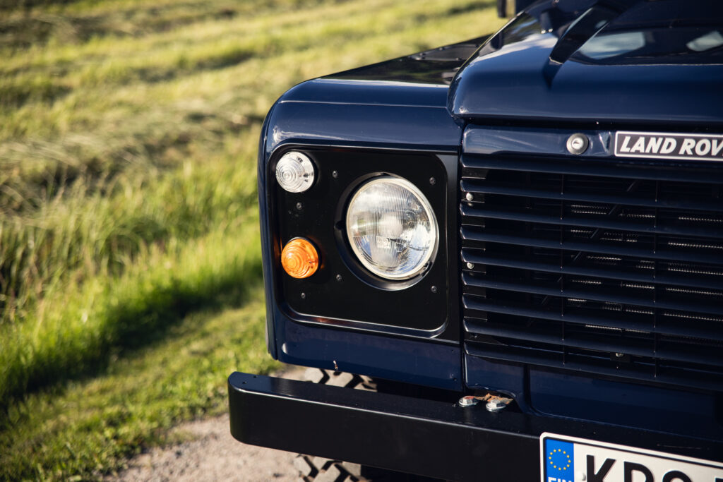 Close-up of blue Land Rover front grille