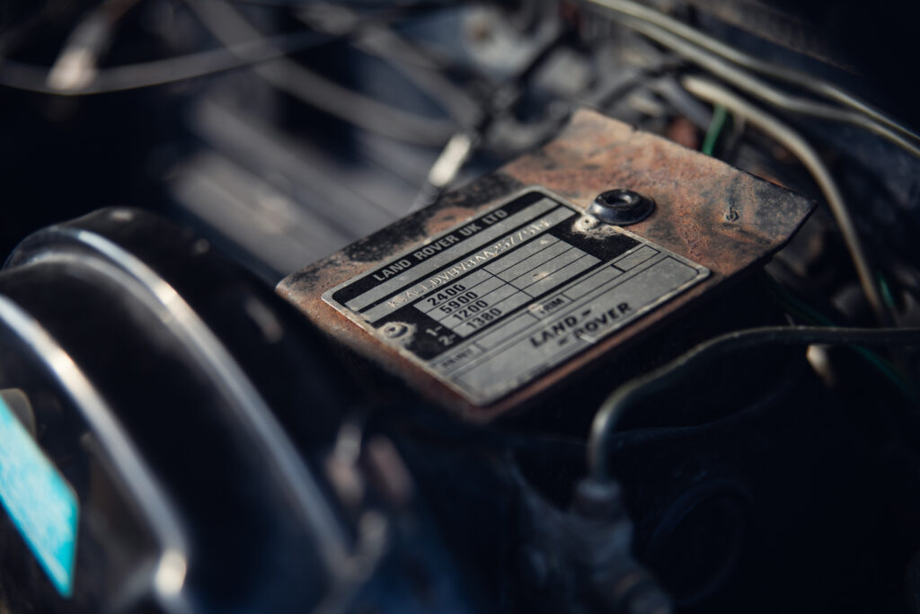 Close-up of Land Rover engine identification plate