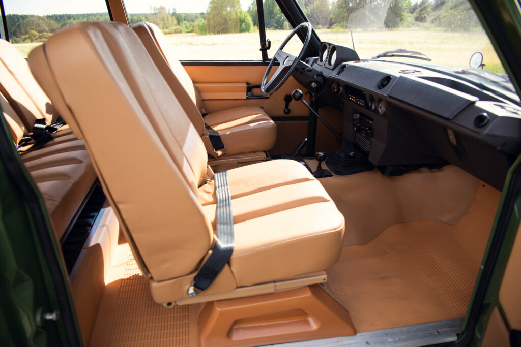 Vintage SUV interior with tan leather seats