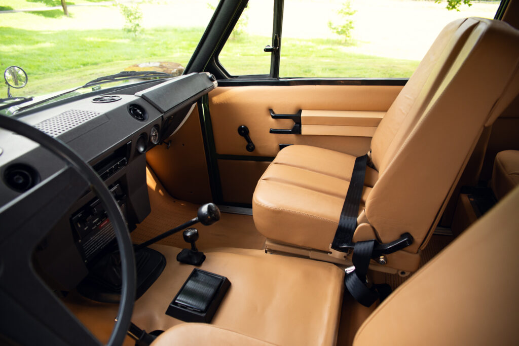 Vintage SUV interior with tan leather seats