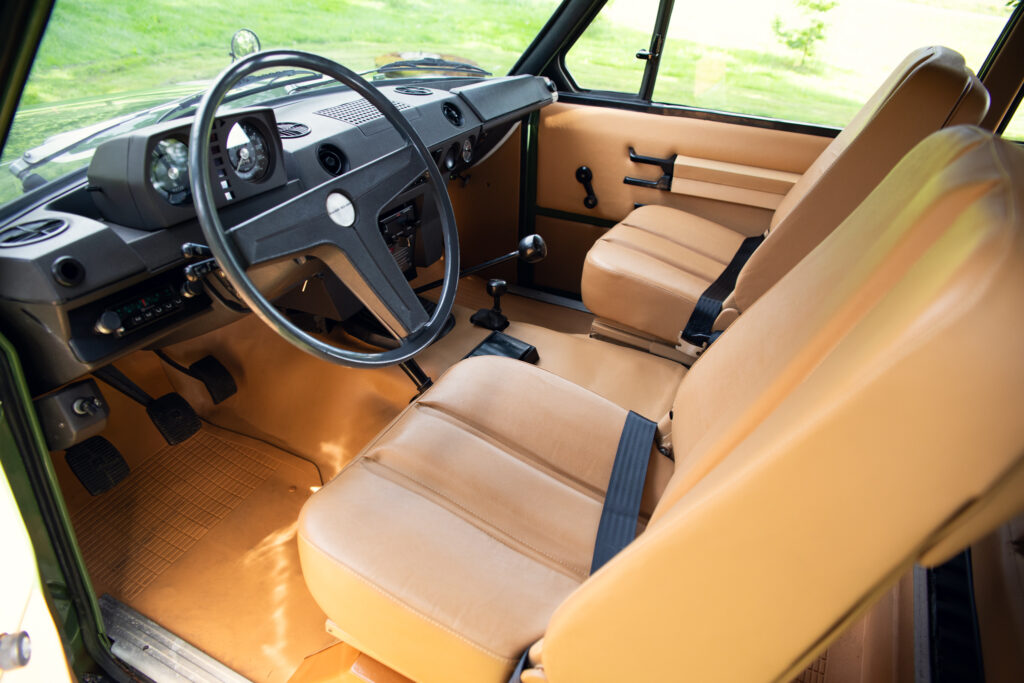 Vintage SUV interior with tan leather seats
