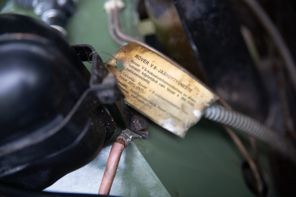 Close-up of Rover V8 engine coolant label