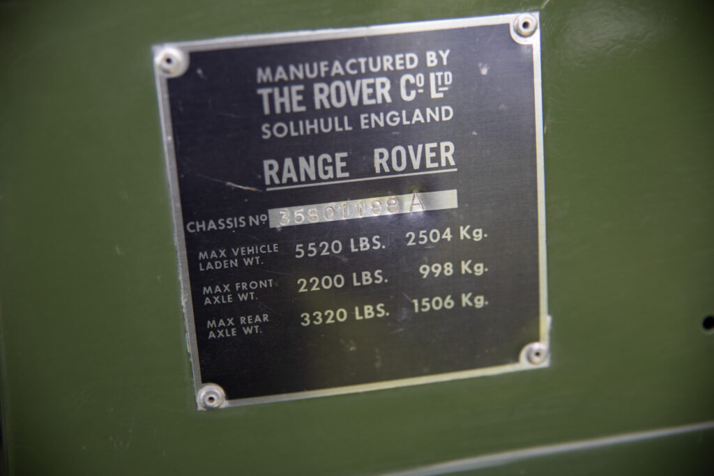 Range Rover manufacturer plate with chassis details