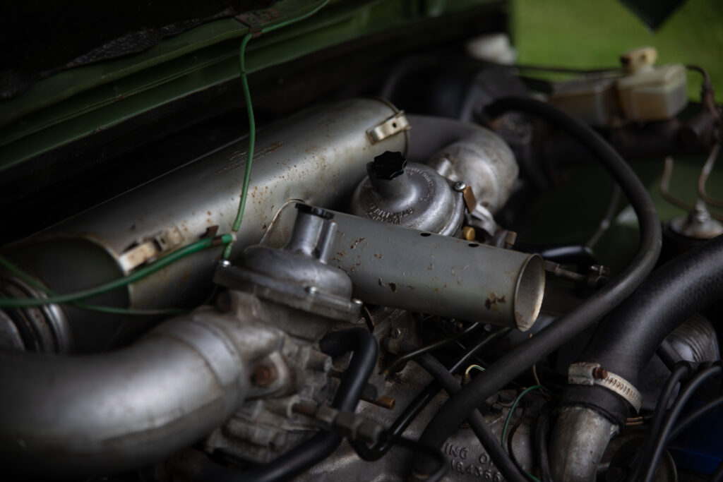 Close-up of vintage car engine components
