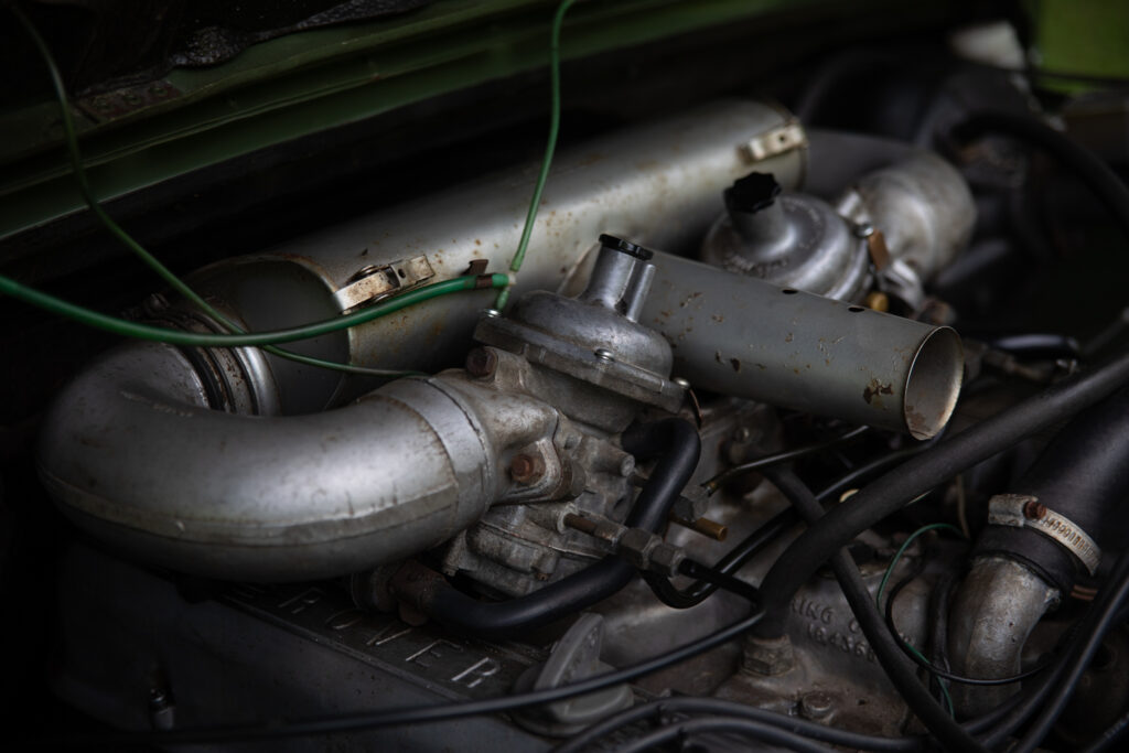 Close-up of vintage car engine components